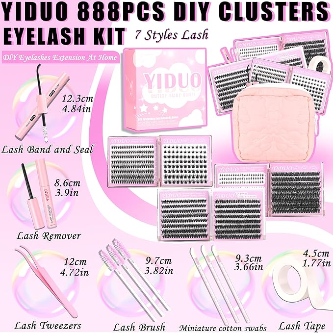 YIDUO 6 Styles Lash Clusters Kit 40D+60D+80D+Manga with Spikes Portable Lash Makeup Bag Kit Volume Studio Effect Lashes Kit 10-18mm Wispy Individual Eyelash Extensions with Lash Bond and Seal
