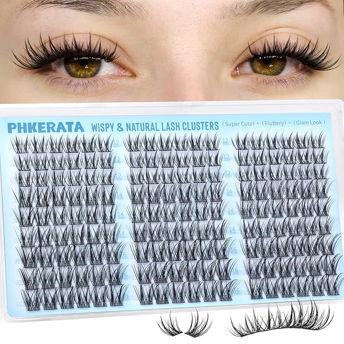 PHKERATA Manga Lash Clusters 12-14-16mm Wispy Natural Cluster Eyelash Extensions, 162Pcs Spiky Lashes Clusters C Curl Individual Lashes for DIY Eye Makeup