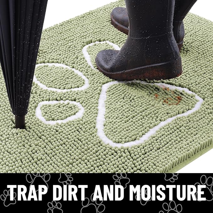 Smiry Dog Door Mat for Muddy Paws, Absorbent Dirt Trapper Non Slip Quick Dry Washable Chenille Mat for Mud Dogs, Entry Rug for Indoor and Outdoor (40x32 Inches, Sage Green and White)