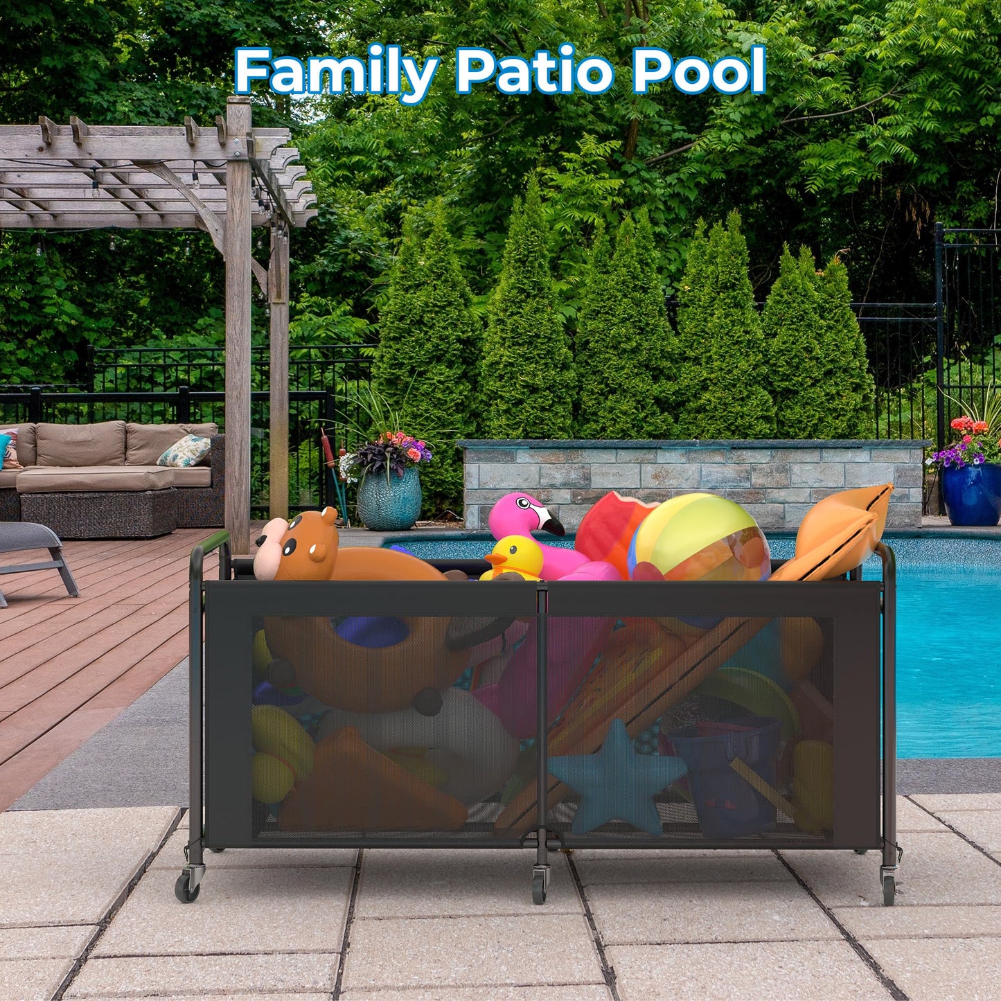 StorageWorks 295 Gallon Pool Float Storage, Mesh Pool Toy Storage Bin with Wheel and Side Pockets, Large Swimming Organizer, Outdoor Noodles Holder, Black