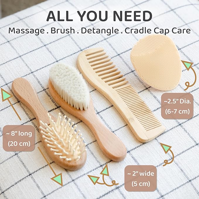 Wooden Baby Hair Brush Grooming Kit with Beech Wood Goat Hair Brush, Cradle Cap Brush, Silicone Scalp Massager, Ultra Soft Bristle Brush | Gender Neutral Newborn Hairbrush Set for Boy or Girl