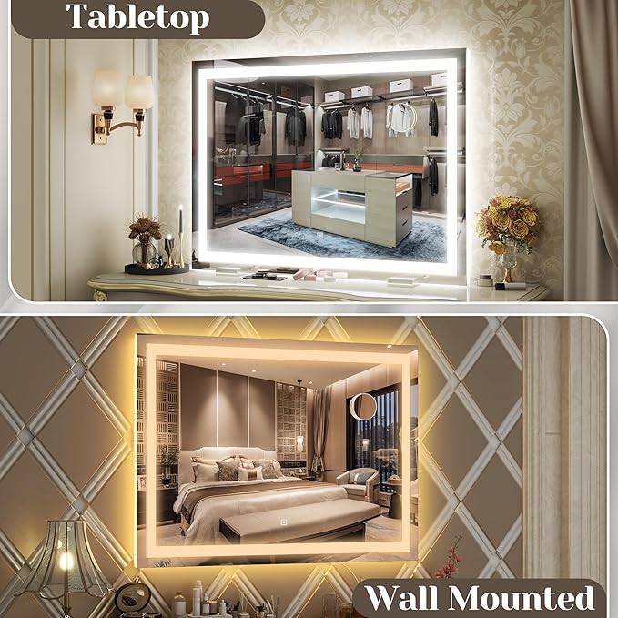 FENNIO Large Vanity Mirror with Lights，38" x 28" LED Makeup Mirror，Hollywood Mirror with 3 Color Modes & Adjustable Brightness，Vanity Mirror Square White