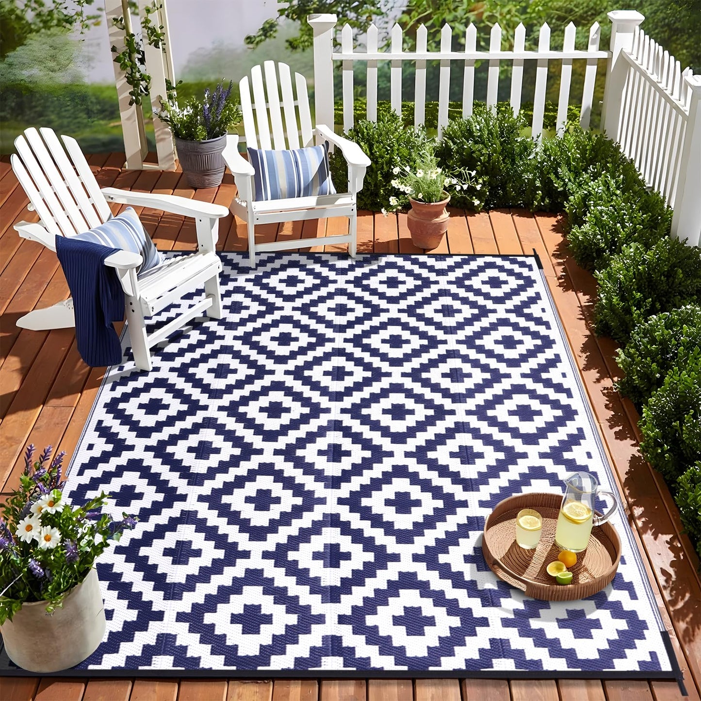 OLANLY Waterproof Outdoor Rug 6x9 ft, Outdoor Plastic Straw Rug for Camping, RV Mat Outside, Indoor Outdoor Carpet for Porch, Deck, Backyard, Balcony, Picnic, Navy & White