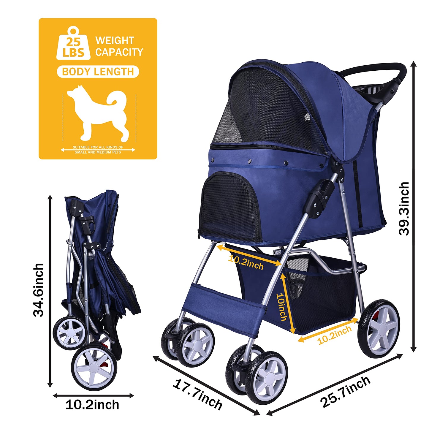 Elevon Pet Stroller, 4 Wheels Multifunction Dog Cat Stroller, Folding Portable Travel Stroller with Detachable Carrier, Suitable for Medium Small Dogs Cats, Blue