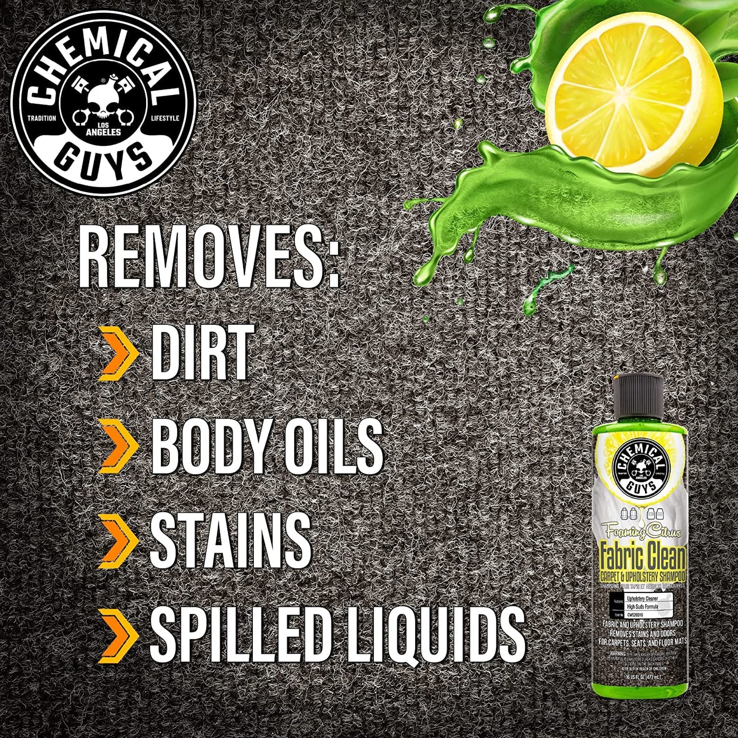 Chemical Guys Foaming Citrus Fabric Clean Drill Brush Kit - High Foaming Stain and Odor Remover, Upholstery, Floor Mat & Car Carpet Cleaner, Deep Cleans & Deodorizes, Citrus Scent - 16 fl oz