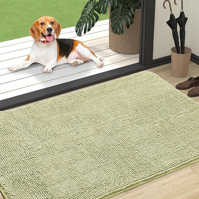 OLANLY Dog Door Mat for Muddy Paws 47x32, Absorbs Moisture and Dirt, Absorbent Non-Slip Washable Doormat, Quick Dry Chenille Mud Mat for Dogs, Entry Indoor Entryway Carpet for Inside Floor, Vanilla