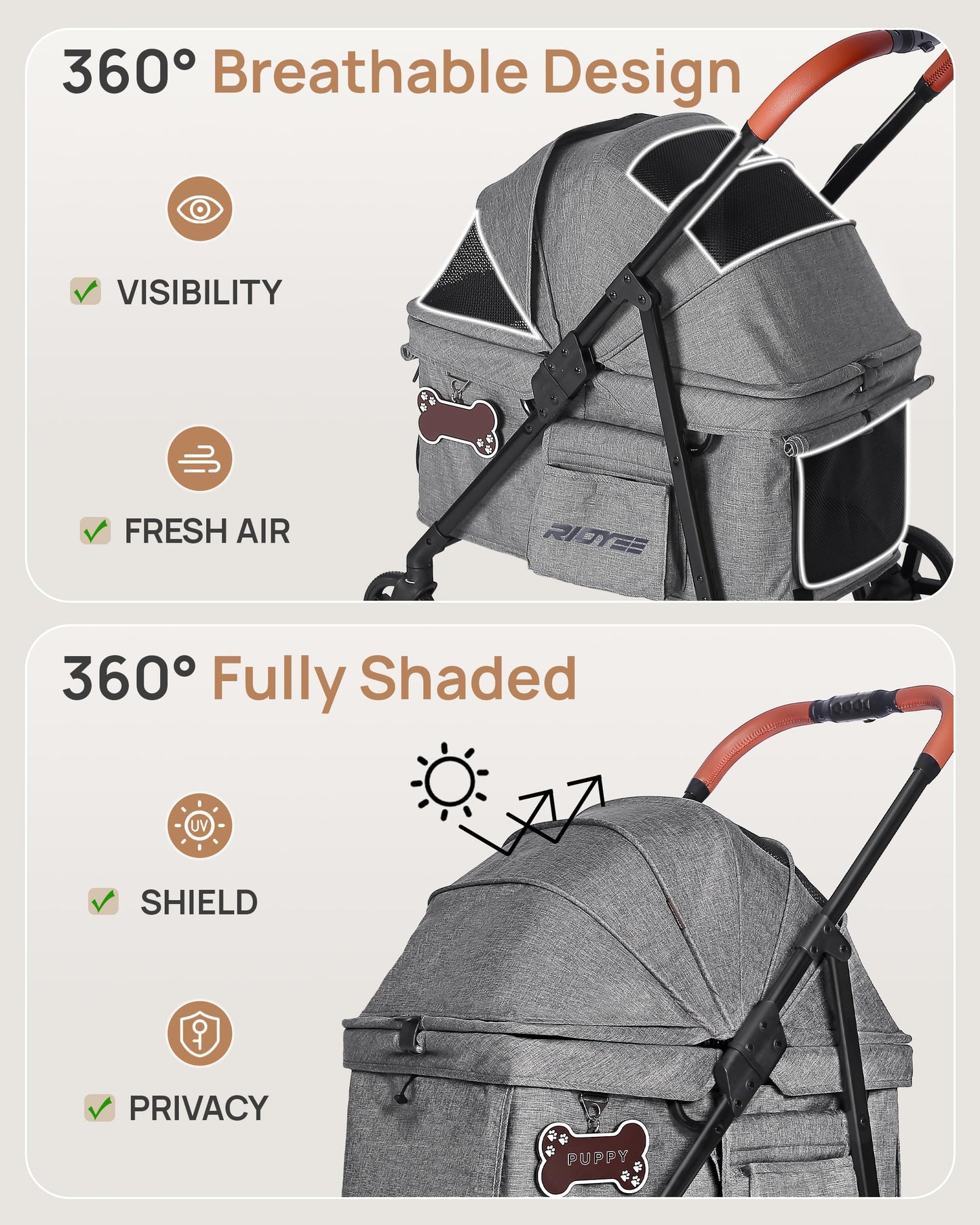 RIDYEE Dog Stroller for Small & Medium Dogs & Cats up to 44 lbs – Foldable, Lightweight, All-Terrain Shock Absorbing Wheels, Ventilated & Fully Shaded, Low-Entry Design