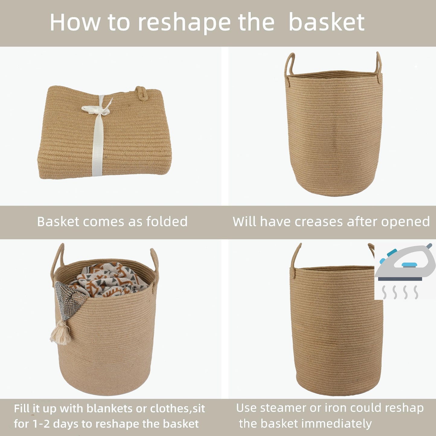 XUANGUO Cotton Rope Laundry Basket Hamper for Clothes Woven Storage Basket for Living Room Bedroom Boho Tall Rope Baskets for Blanket Toys Pillow Towels Baby Nursery Hamper Bin Large jute