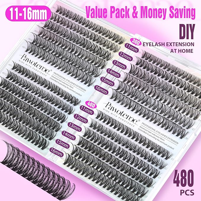 Pawotence Lash Clusters 480pcs Individual Lashes 30D 40D Cluster Eyelash Extensions 11-16mm Eyelash Clusters Lash Extensions for Self Application (30D&40D, 0.07D, 11-16mm Value Pack)