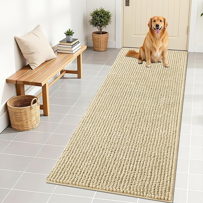 OLANLY Dog Door Mat for Muddy Paws 70x24, Ultra Absorbent Chenille Mud Doormat, Non-Slip Washable and Dirt Trapping Doormat for Indoor Entryway, Quick-Dry Indoor Pet Bed Mats for Dogs, Sand