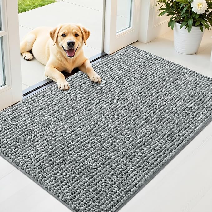 OLANLY Dog Door Mat for Muddy Paws 48x30, Ultra Absorbent Chenille Mud Doormat, Non-Slip Washable and Dirt Trapping Doormat for Indoor Entryway, Quick-Dry Indoor Pet Bed Mats for Dogs, Grey