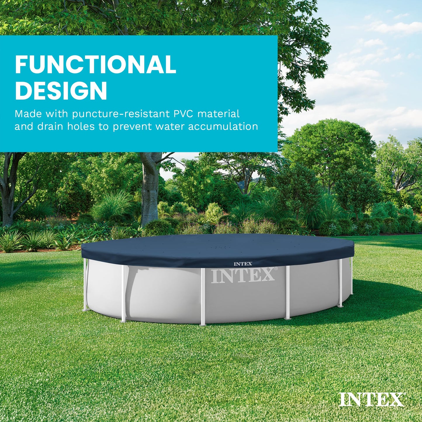 INTEX 28031E Pool Cover: For 12ft Round Metal Frame Pools – Includes Rope Tie – Drain Holes – 10in Overhang – Snug Fit