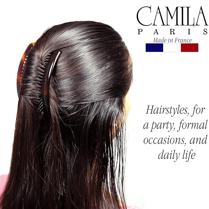 Camila Paris French Side Combs Large 3 Colors Each Curved French Twist Hair Combs Decorative, Strong Hold Hair Clips for Women Bun Chignon Up-Do, No Slip Styling Girls Hair Accessories, Made in France