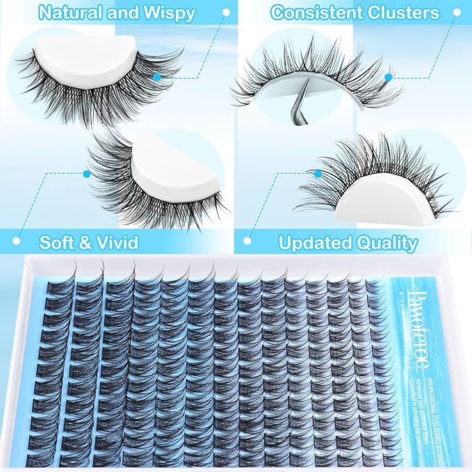 Pawotence Lash Clusters Kit Wispy Lash Extension Kit 8-16mm Natural Cluster Eyelash Extension Kit Individual Lashes 154pcs Eyelash Clusters with Lash Bond and Seal, Lash Tweezers for Self Use