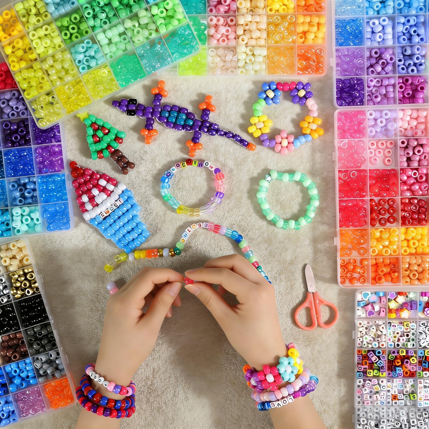 Redtwo 7 Boxes 5000 Pcs Pony Beads Kit, 144 Colors 6x9mm Kandi Beads for Friendship Jewelry Bracelet Making Kit, with 600+Pcs Letter Bead, DIY Crafts Gifts for Tween Girls Kids