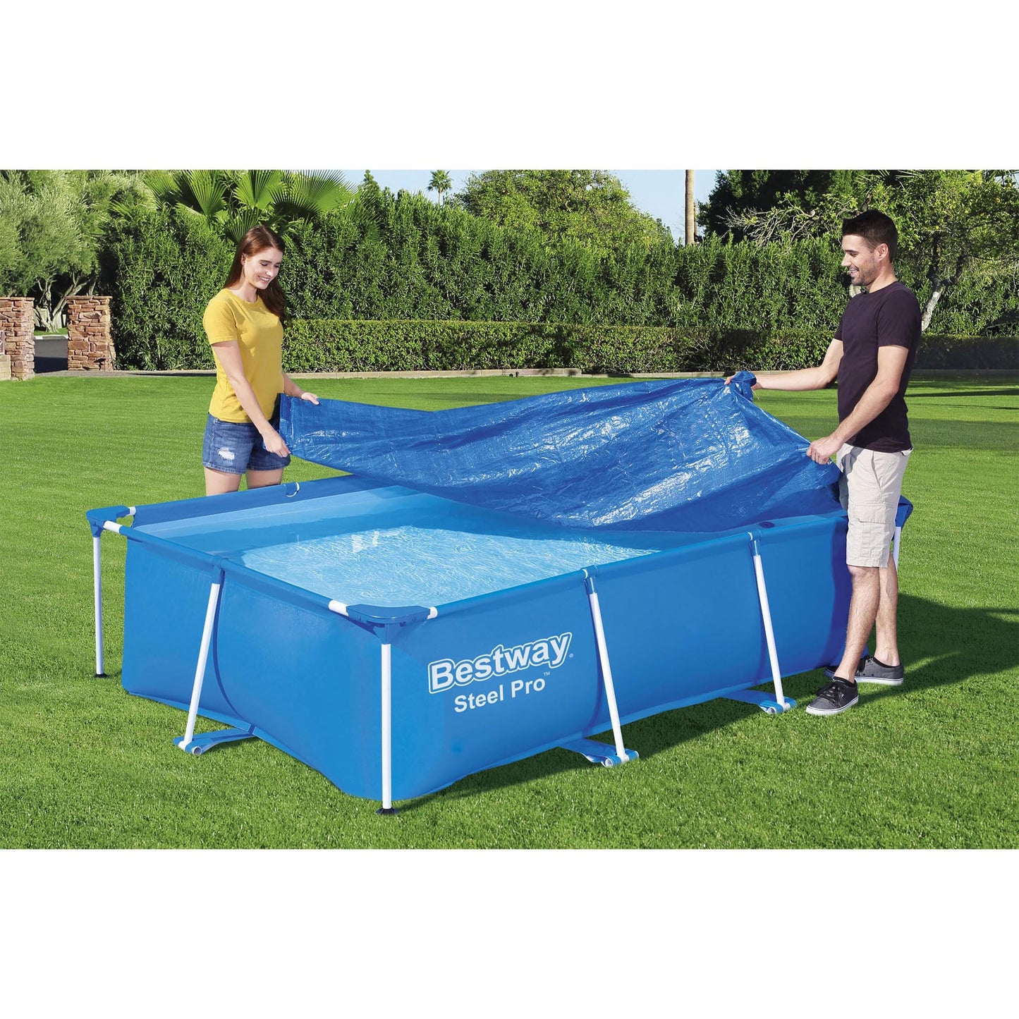 Bestway Flowclear Rectangular 9'10" x 6'7" Above Ground Pool Cover Compatible with Steel Pro Outdoor Swimming Pools with Drain Holes, Blue