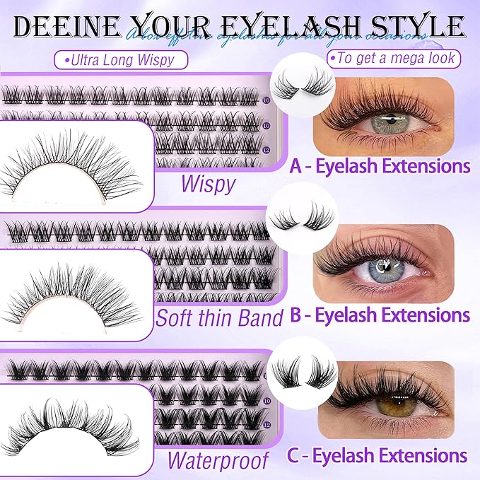 YlDUO 3 Style Lash Clusters Kit Wispy Clusters Eyelash Extensions Kit 10-18mm Individual Lashes Extension, DIY Natural Soft Thin Band Fake Eyelash Kit with Bond and Seal*2|Tweezers|Removers
