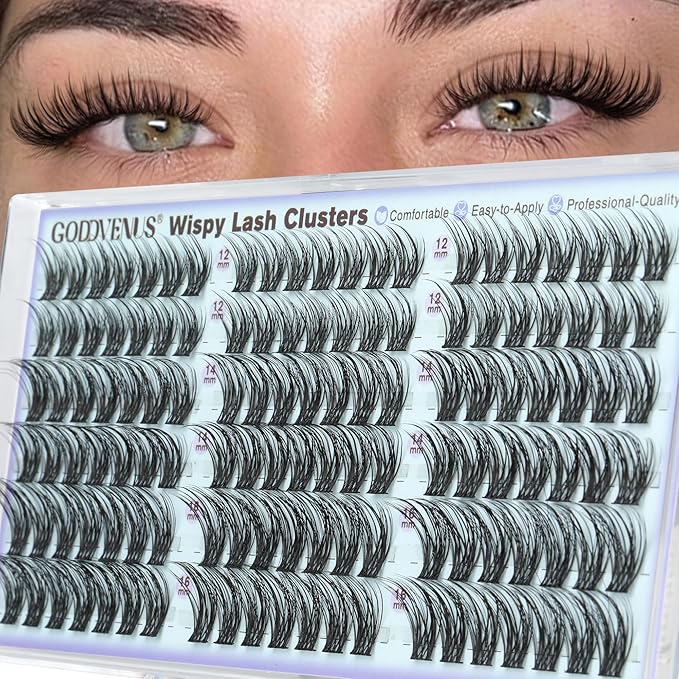 Goddvenus Wispy Natural Lash Clusters 12-14-16mm CC Curl DIY Cluster Eyelash Extensions for Clean Makeup, Individual False Eyelashes Cat Eye Lash Clusters 126pcs