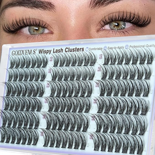 Goddvenus Wispy Natural Lash Clusters 12-14-16mm CC Curl DIY Cluster Eyelash Extensions for Clean Makeup, Individual False Eyelashes Cat Eye Lash Clusters 126pcs