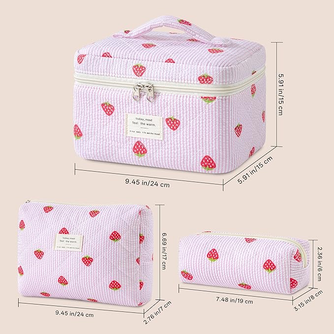 HBselect Quilted Makeup Bag, 3PCS Cotton Large Travel Makeup Bag, Cute Floral Coquette Make up Bag Cosmetic Bag Toiletry Bag for Women Girls