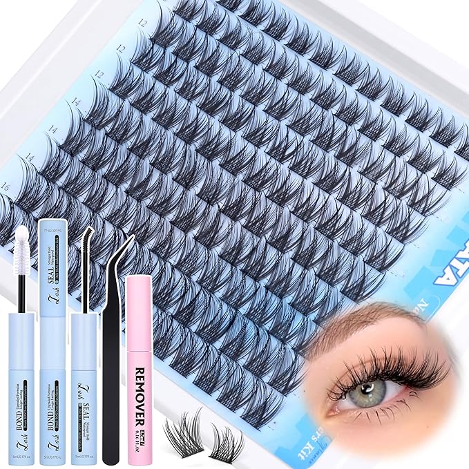 PHKERATA Natural Lash Extension Kit Wispy Lash Clusters Kit Lashes Clusters C Curvature Cluster Eyelash Extension DIY Cluster Lashes with Lash Bond Seal Lash Glue Remover Tweezers Individual Lashes