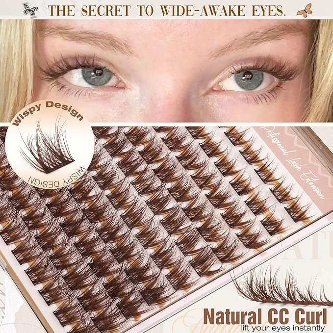 Mavphnee Brown Cluster Lashes Fluffy Eyelash Extensions Wispy Lash Clusters Natural Eyelash Clusters Dark Brown Lash Clusters Soft DIY Individual Lash Extesnions (8-16MM, CC Curve)