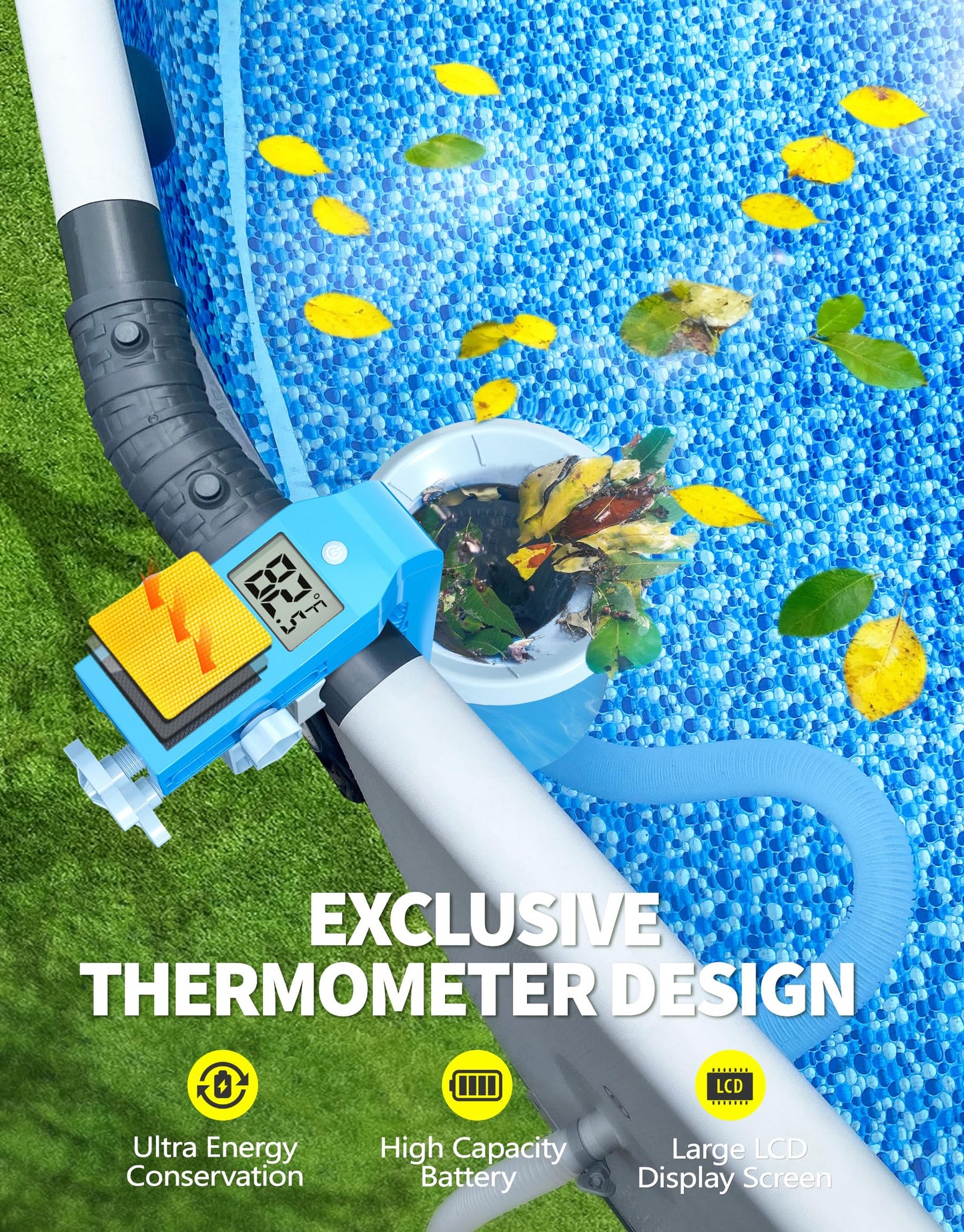 BluSwim Above Ground Pool Skimmer with Solar Digital Thermometer | Wall Mount Surface Skimmer - Auto Skimming Pool Floating Debris | 2 Upgraded Bracket - More Stable & Height Adjustable