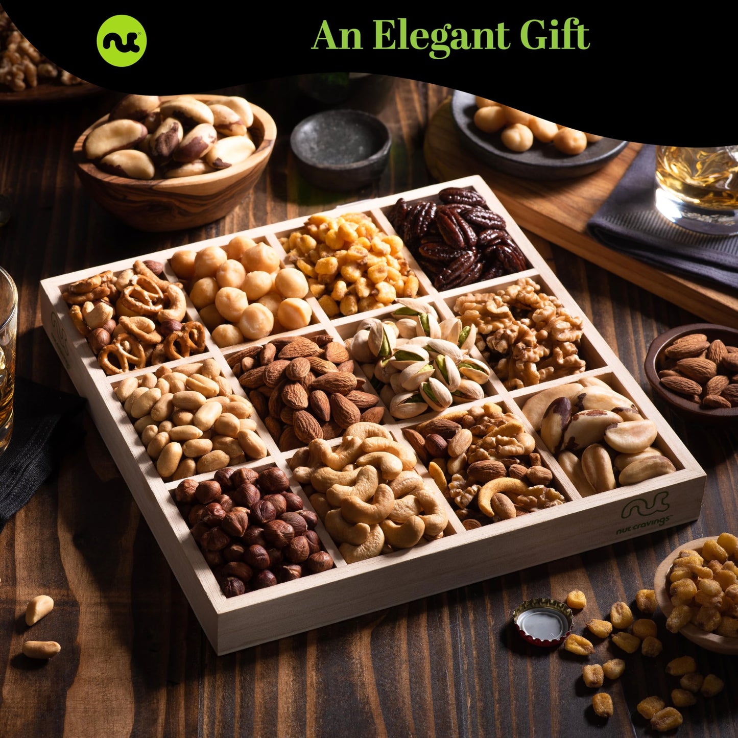 NUT CRAVINGS - Mixed Nuts Gift Basket in Reusable Wooden Tray + Green Ribbon (12 Assortments) Food Arrangement, Healthy Snack Care Package, Food Assortments