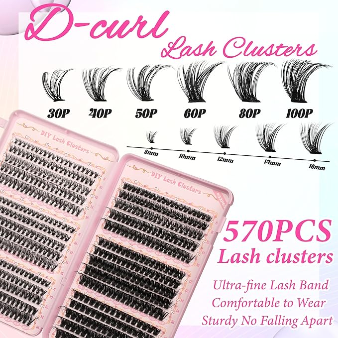 Lash Clusters Fluffy DIY Lash Clusters Kit Volume Lash Extension Kit 570Pcs Individual Lashes Clusters Thin Band Eyelash Extension Kit Lash Bond and Seal Lash Tweezers