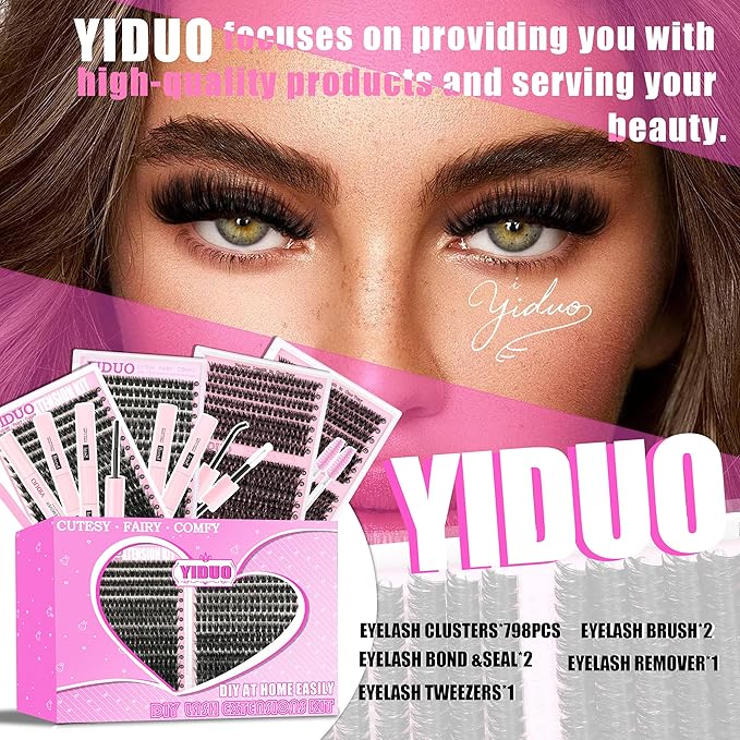 YIDUO 4 Styles Lash Clusters Kit 60D+80D+100D+150D Volume Clusters Lashes Extensions Kit with 2 X Bond and Seal 10-18mm Wispy D Curvature Full Individual Eyelash Extensions Kit DIY at Home Easily