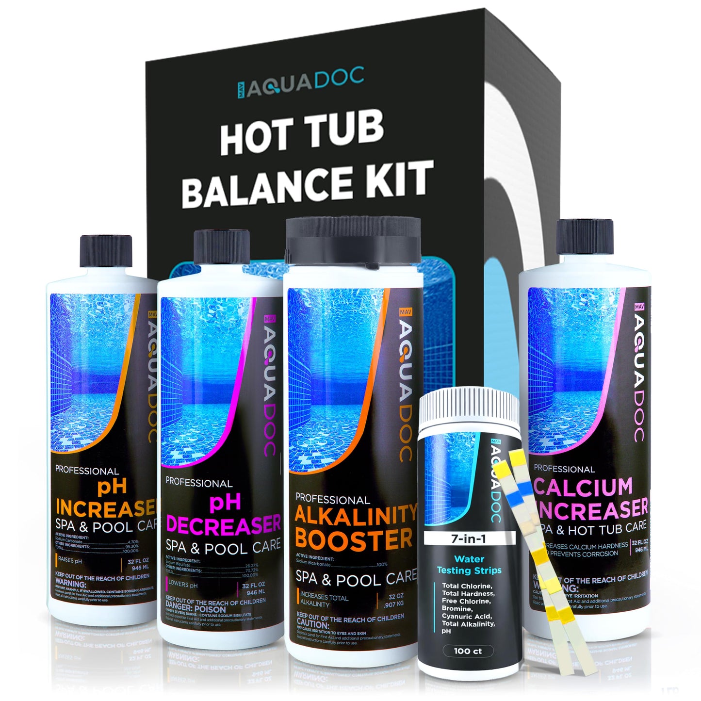 AquaDoc Hot Tub Water Balance Kit with pH Increaser, pH Decreaser, Alkalinity & Calcium Increaser, 100 Test Strips - Hot Tub Chemicals Starter Kit Compatible with Chlorine & Bromine - Made in USA