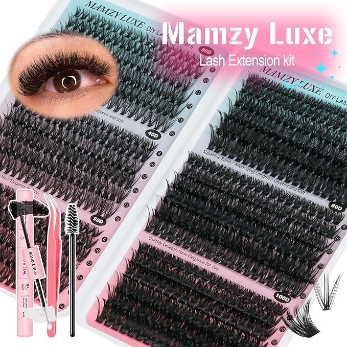 Lash Clusters Kit 708Pcs Individual Cluster Lash Extensions Kit 30D+40D+50D+60D+80D+100D Wispy Eyelash Clusters with Lash Bond and Seal and Tweezers 10-16mm 6 Styles Mix Lashes Clusters Kit