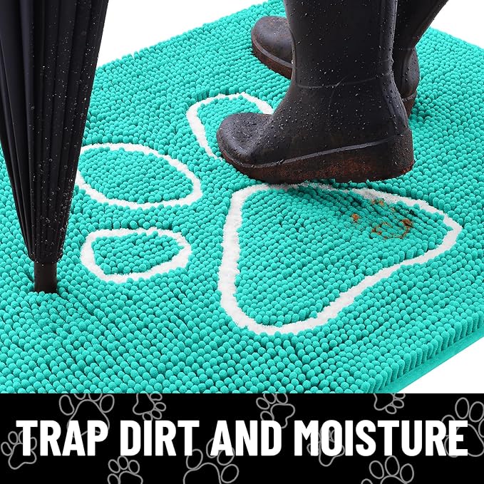 Smiry Dog Door Mat for Muddy Paws, Absorbent Dirt Trapper Non Slip Quick Dry Washable Chenille Mat for Mud Dogs, Entry Rug for Indoor and Outdoor (48x30 Inches, Turquoise and White)
