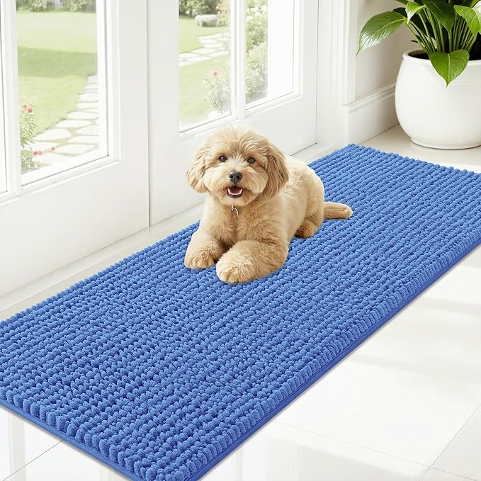 OLANLY Dog Door Mat for Muddy Paws 59x20, Ultra Absorbent Chenille Mud Doormat, Non-Slip Washable and Dirt Trapping Doormat for Indoor Entryway, Quick-Dry Indoor Pet Bed Mats for Dogs, Cornflower Blue