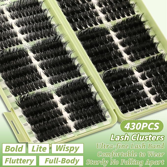 Lash Clusters 80D 100D 150D 200D C D Curl Lash Clusters Kit 430Pcs DIY Cluster Eyelash Extensions Eyelash Clusters Cat Eye Lashes Clusters Eyelash Extensions Lash Glue Lash Tweezers