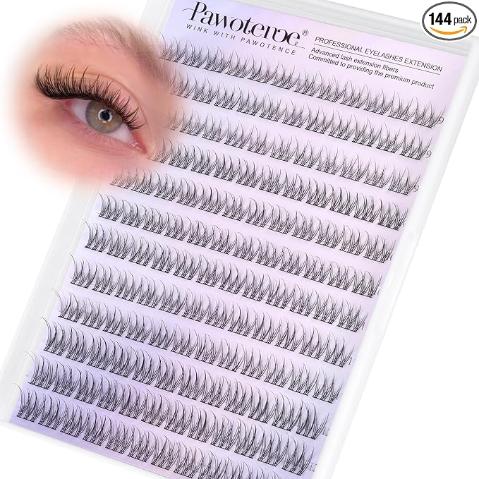 Pawotence Natural Lash Clusters Wispy Cluster Eyelash Extensions 144pcs Eyelash Clusters 9-12mm Individual Lashes Extension DIY Soft C Curved Lashes Clusters