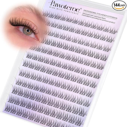 Pawotence Natural Lash Clusters Wispy Cluster Eyelash Extensions 144pcs Eyelash Clusters 9-12mm Individual Lashes Extension DIY Soft C Curved Lashes Clusters