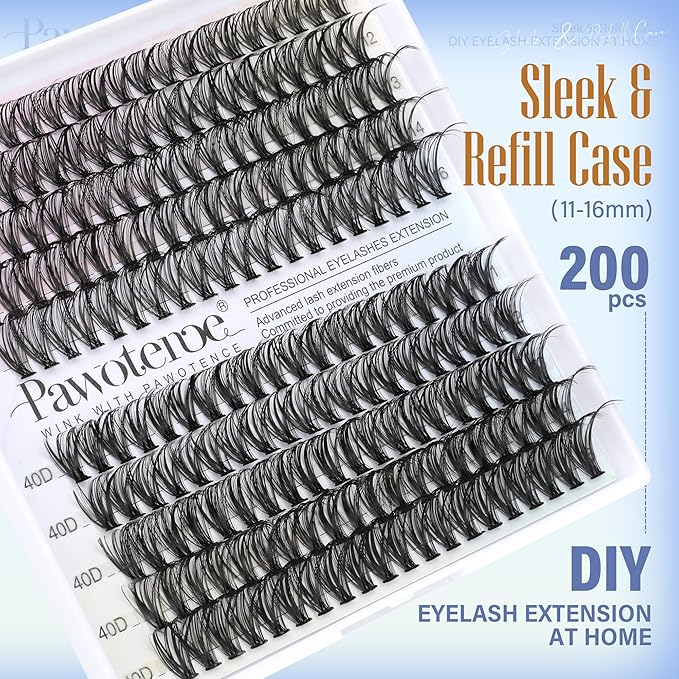 Pawotence Lash Clusters 200pcs Individual Lashes 30D 40D Cluster Eyelash Extensions 11-16mm Eyelash Clusters Lash Extensions for Self Application (30D&40D, 0.07D, 11-16mm Refill)