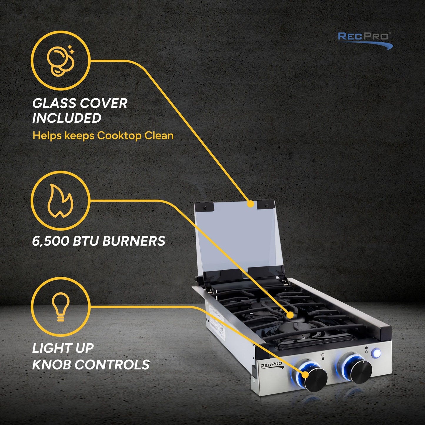 RecPro RV Built In Gas Cooktop | 2 Burner or 3 Burner | RV Cooktop Stove | 6,500 and 8,000 BTU Burners | Cover Included (Stainless Steel, 2-Burner)