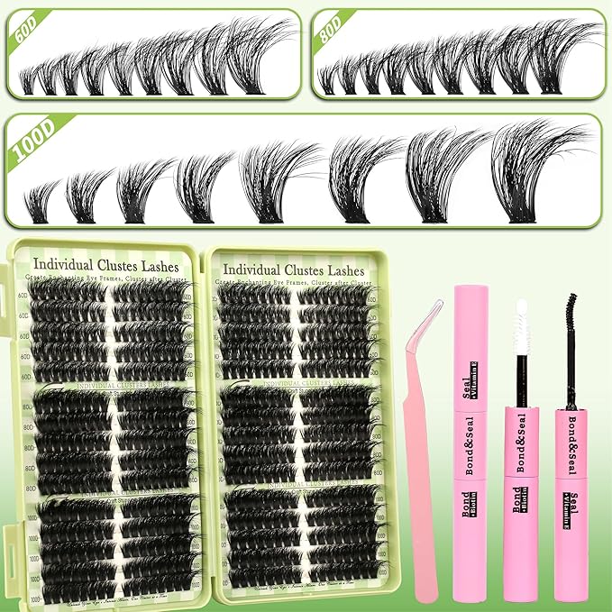Lash Clusters Kit Natural Cat Eye D Curl Lash Clusters 520Pcs DIY Individual Lashes Clusters Lash Extension Kit Thin Band Wispy Eyelash Clusters Lash Bond and Seal Lash Tweezers