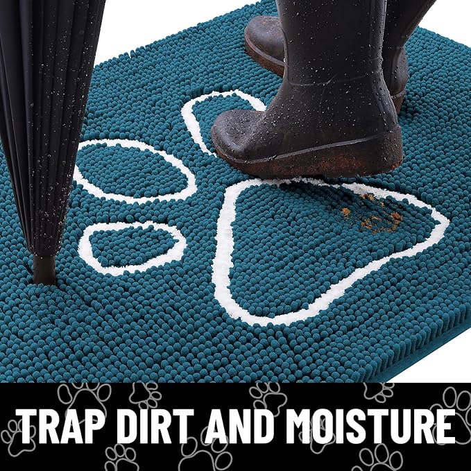 Smiry Dog Door Mat for Muddy Paws, Absorbent Dirt Trapper Non Slip Quick Dry Washable Chenille Mat for Mud Dogs, Entry Rug for Indoor and Outdoor (48x30 Inches, Atlantic Blue and White)