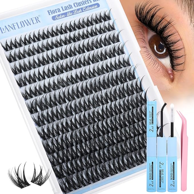 Flora Lash Clusters Kit Wispy Cluster Eyelash Extensions Natural Lash Extension Kit D Curly Fluffy Lashes Clusters Kit 10-18mm Eyelash Extension Kit Thin Band Individual Lashes by Lanflower