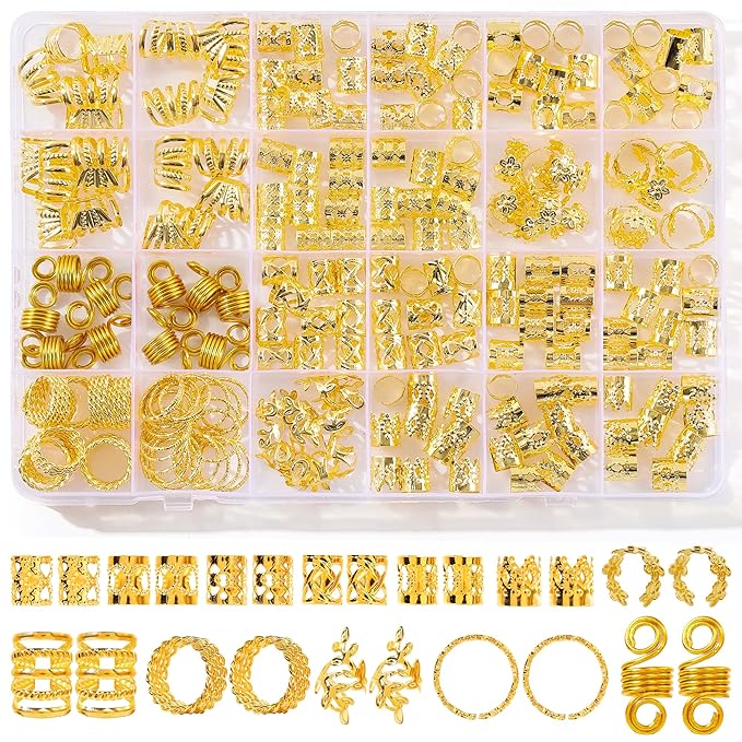220Pcs Gold Hair Jewelry for Braids, 12 Styles Gold Hair Accessories Cuff for Braids and Dreadlocks, Adjustable Metal Rings Cuffs Clips for Dreadlock Accessory Jewelry Decorations