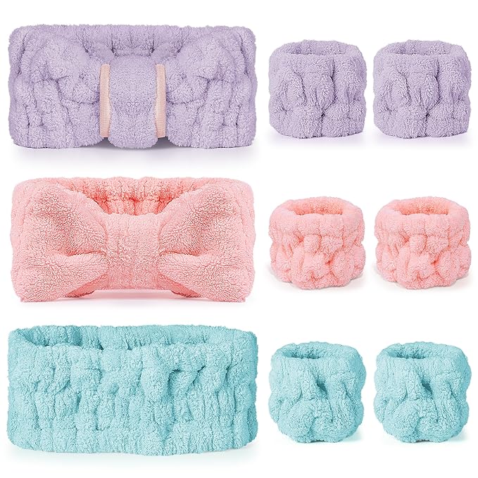 9 Pcs Spa Headband for Washing Face,Skincare Headband and Wristband Set,Women Teen Girls Facial Hairbands for Washing Face, Makeup, Sports, Yoga (light purple + orange pink + turquoise)