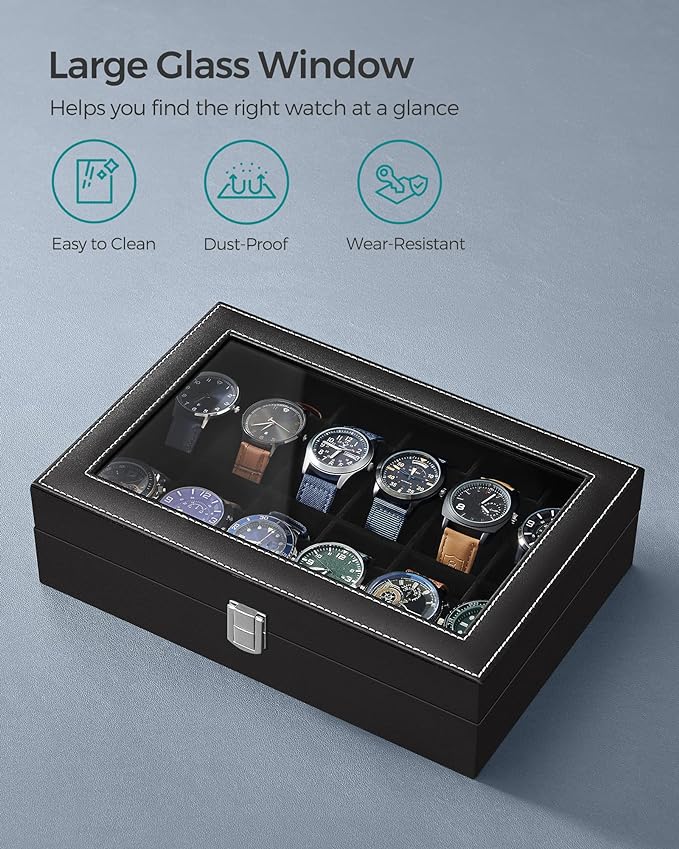 SONGMICS Watch Box, 12-Slot Watch Case Organizer with Large Glass Lid, Removable Pillows, Gift for Loved Ones, Black Synthetic Leather, Black Lining UJWB012B01