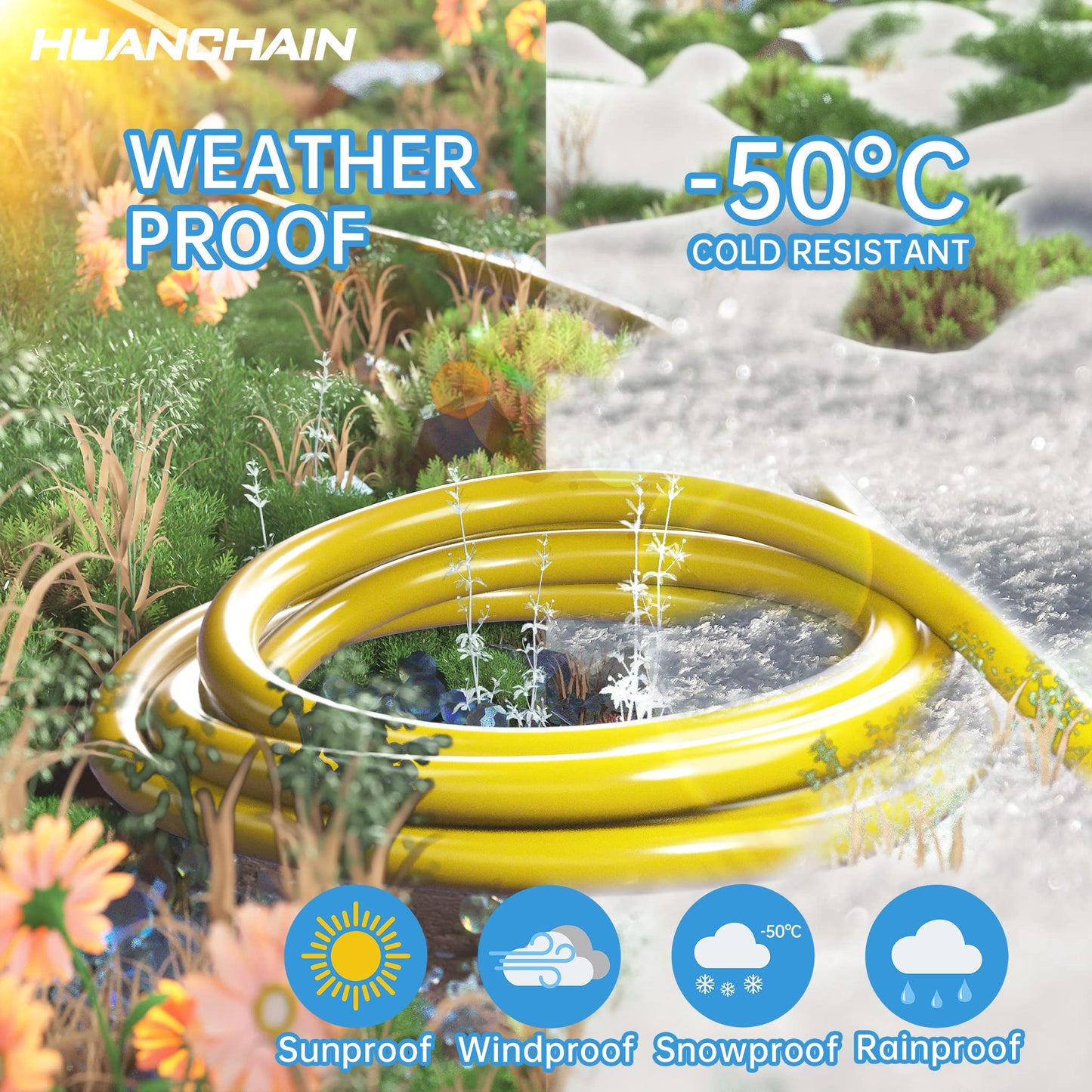 HUANCHAIN Indoor Outdoor Extension Cord 50 ft Waterproof, 16/3 Gauge Flexible Resistant Appliance Extension Cord Outside, 13A 1625W 16AWG SJTW, 3 Prong Electric Cable Yellow, ETL