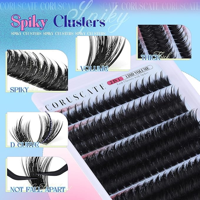 CORUSCATE Spiky Lash Clusters Kit 120D Volume Cluster Eyelash Extensions Mink Strip Lashes Spikes Mega Style Lash Extension Kit 14-22mm Eyelash Clusters Long Individual Lashes with Lash Cluster Glue