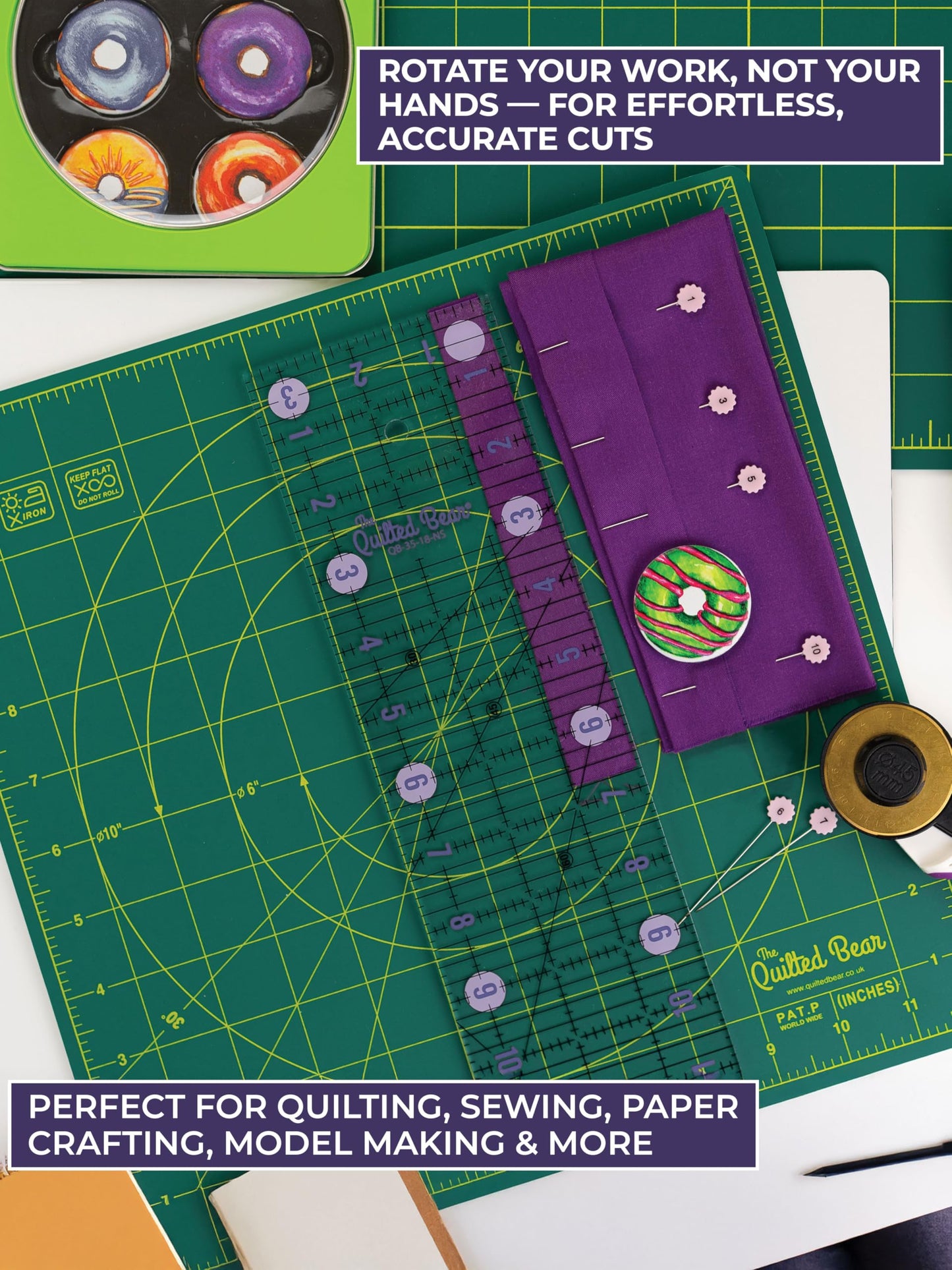 The Quilted Bear Rotating Cutting Mat 7" x 7" - Locking & Rotating Self Healing Cutting Board for Sewing, Fabric & Effortless Quilting - 360 Degree Sewing Supplies Mat for Craft Table (Green)