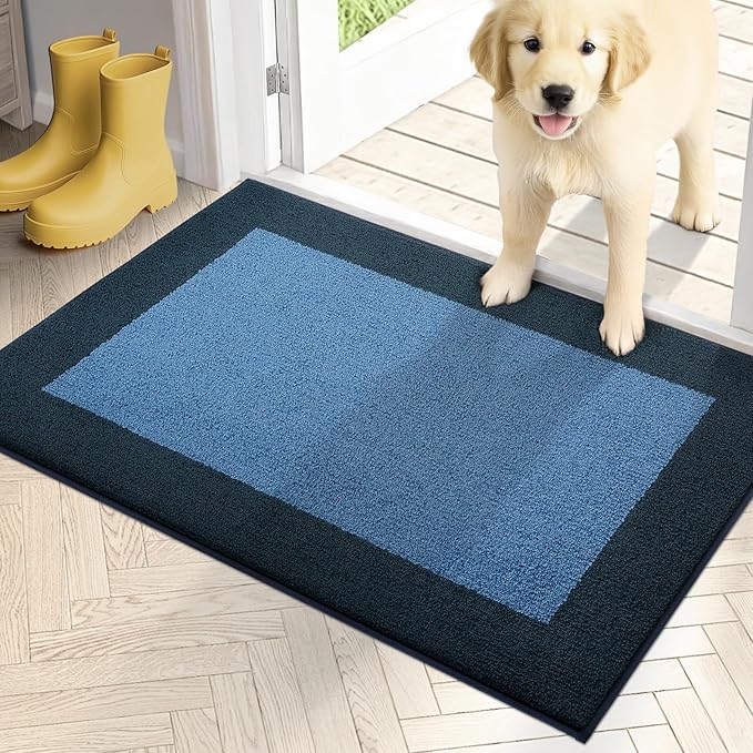 PURRUGS Dirt Trapping Door Mat 20" x 32", Non-Slip Washable Entry Mat, Dog Doormat, Front Door Mat, Super Absorbent Entrance Mat for Muddy Shoes & Paws, Light Blue & Navy