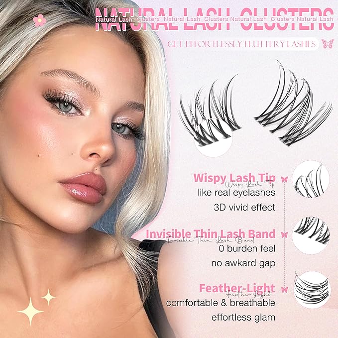 Natural Lash Clusters Wispy Eyelash Clusters DIY Lash Extension with 5-6mm Bottom Lashes 8-16mm Venus Individual Lashes Invisible Band Lash Cluster Eyelash Extensions for Natural Look by Wtvane